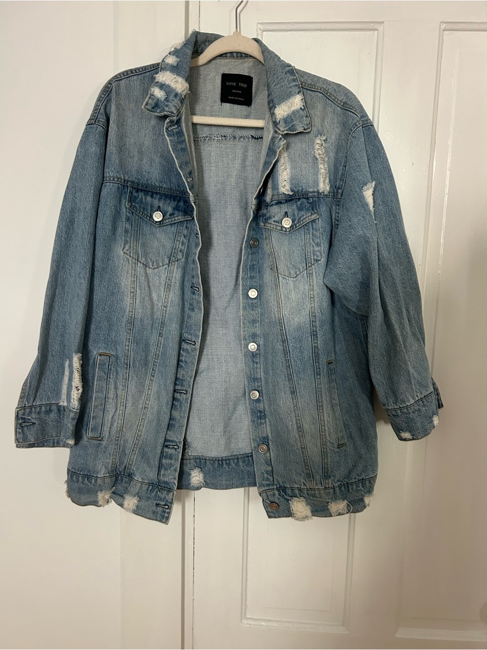 Love Tree Distressed Light Blue Oversized Denim Jacket